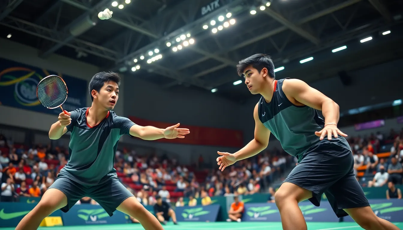 Two professional badminton players competing in an intense match.
