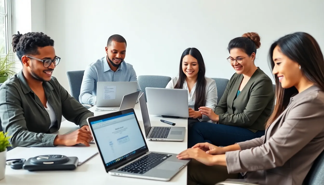 diverse students studying medical coding online in a modern home office.