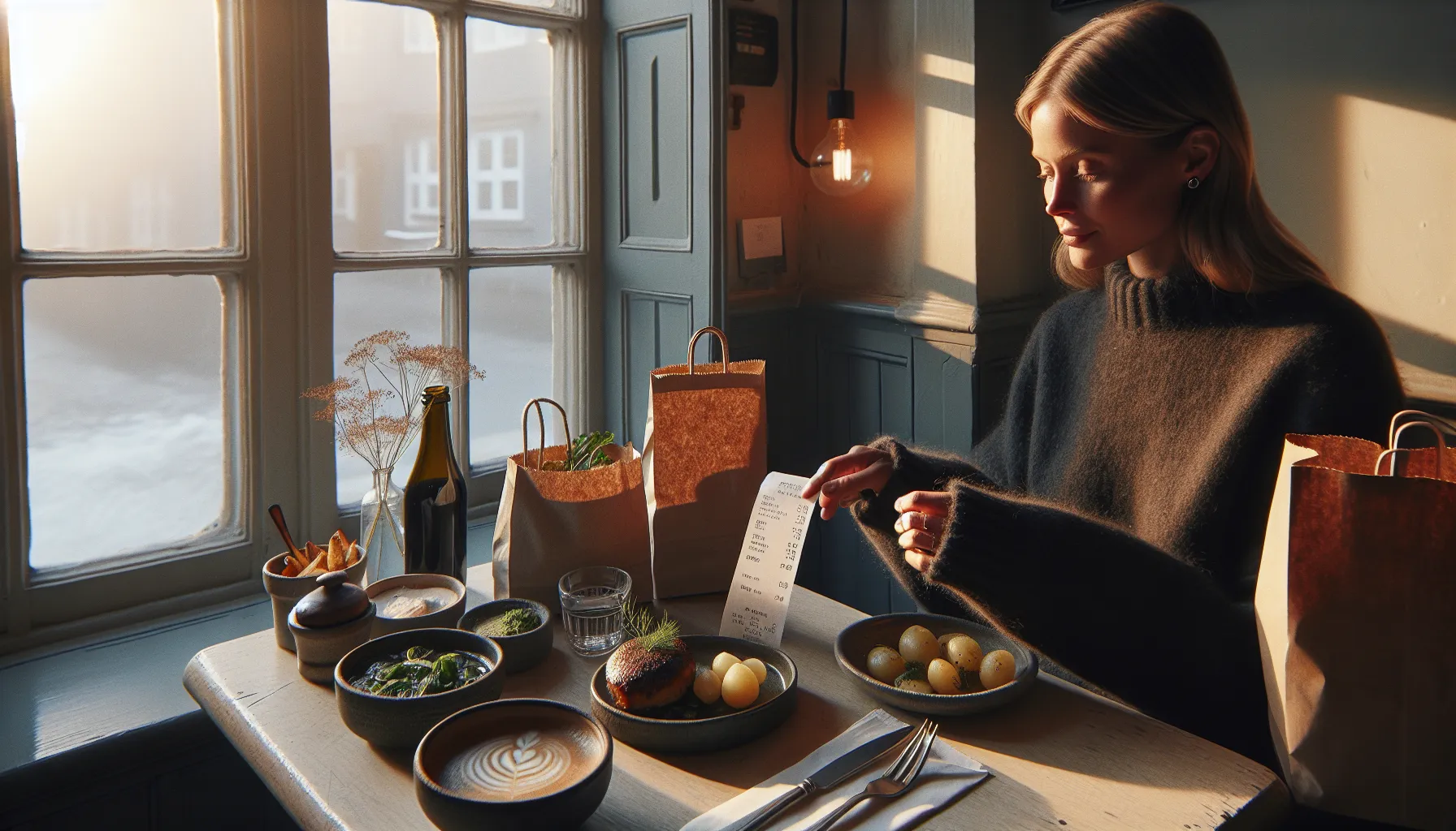 Norwegian diner shares early-bird meal, accepts doggy bag, drinks water.