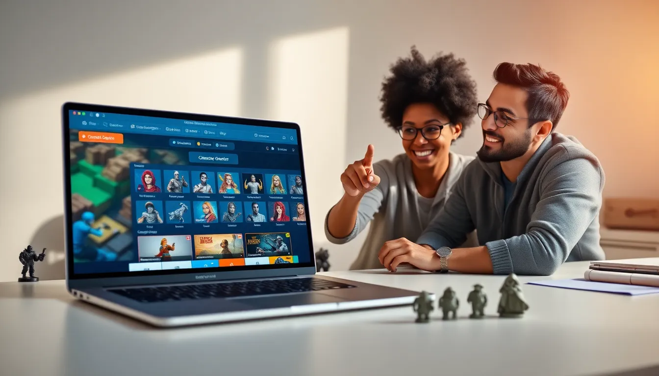 diverse gamers collaborating over a character generation tool on a laptop.