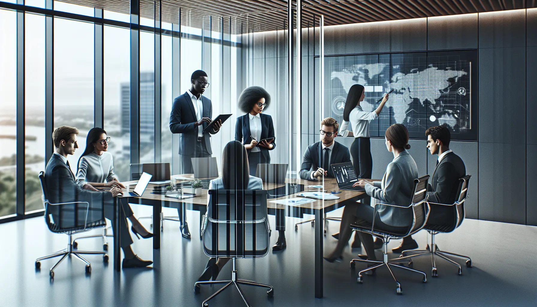 Diverse team collaborating on data analytics in a modern office.