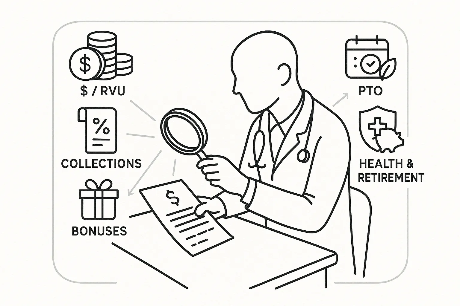 Physician assistant examining a contract with compensation and benefits icons.
