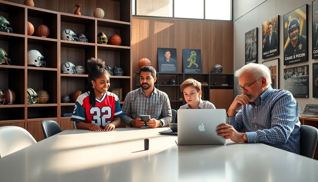 a diverse group discussing sports in a cozy, memorabilia-filled room.