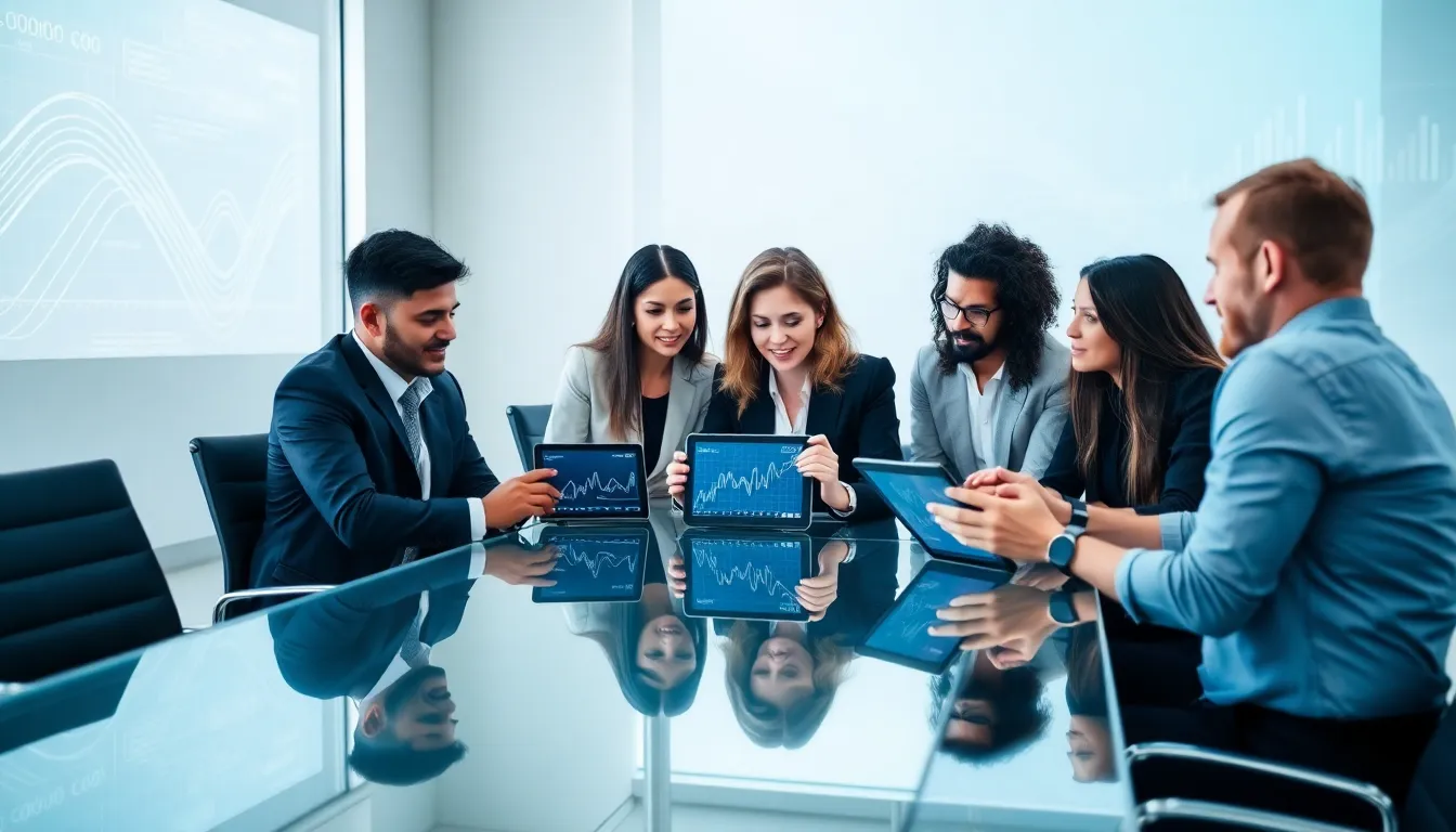 diverse team discussing blockchain technology in a modern office.