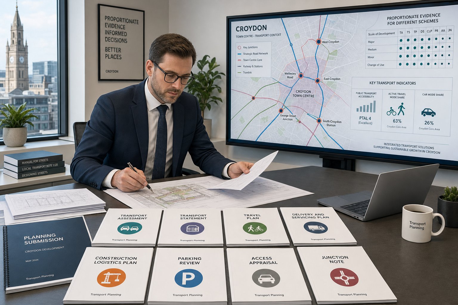 Traffic engineer reviewing planning transport reports in a modern Croydon office.