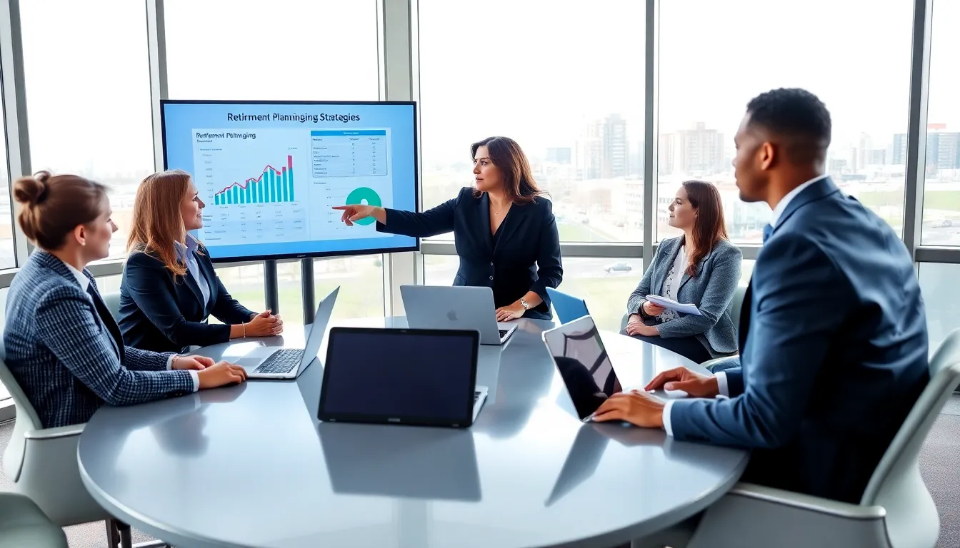 diverse team discussing retirement planning in a modern office.