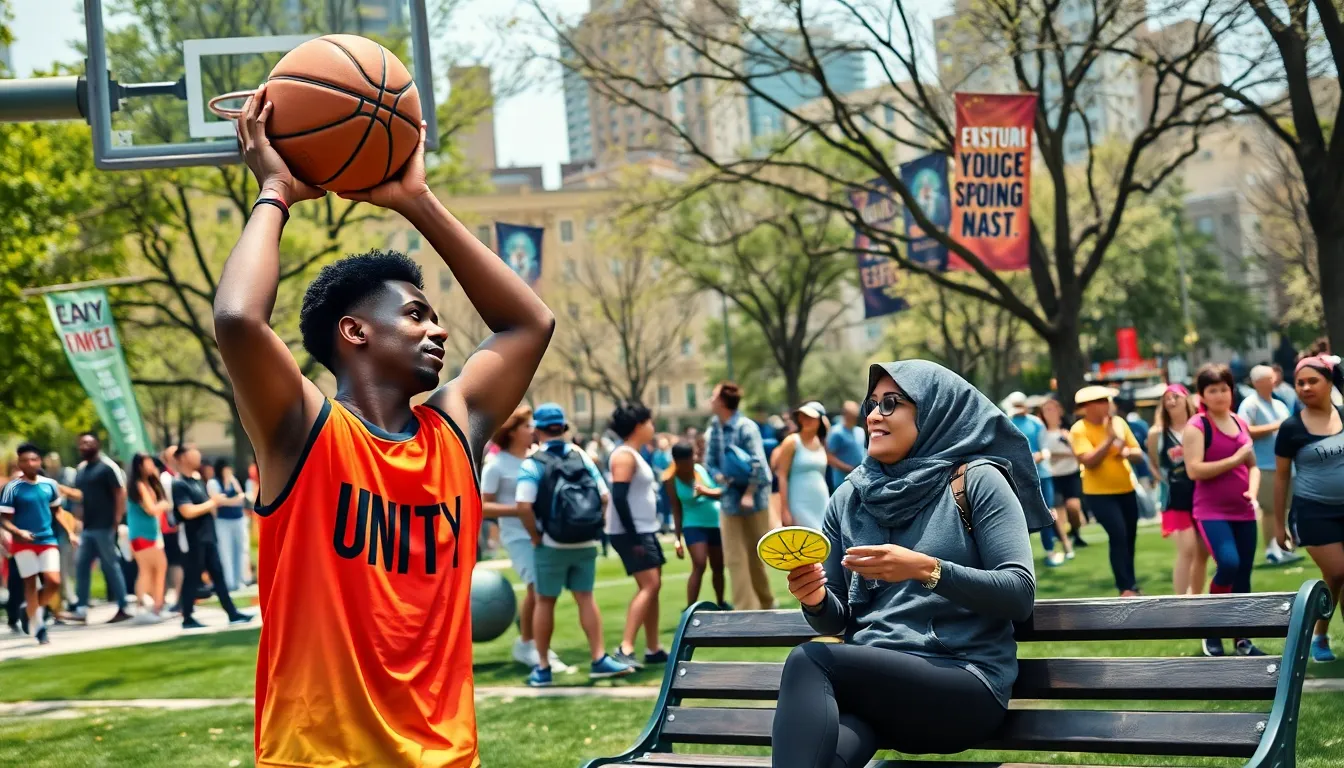 a diverse group of athletes discussing sports and culture in a city park.