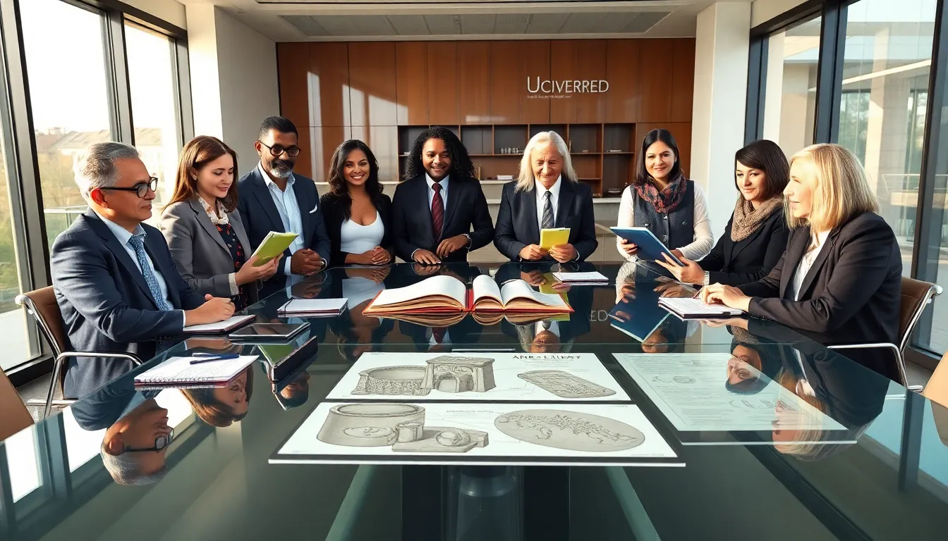 diverse group of scholars discussing historical significance in a modern office.