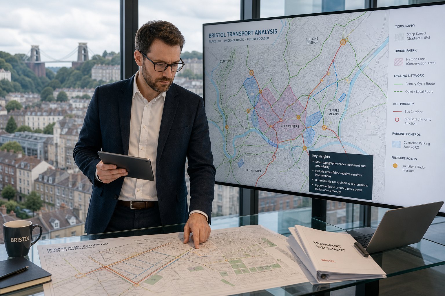 Traffic engineer reviewing Bristol transport plans in a modern office.