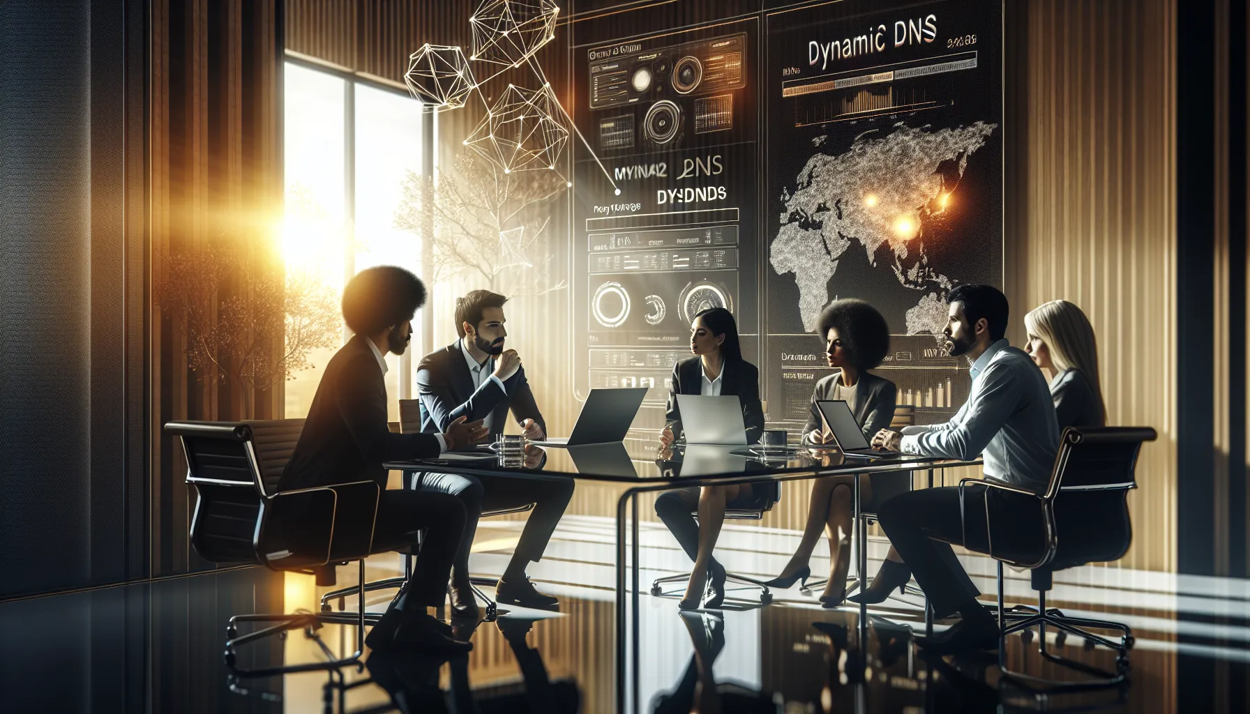 diverse team discussing dynamic DNS services in a modern office.