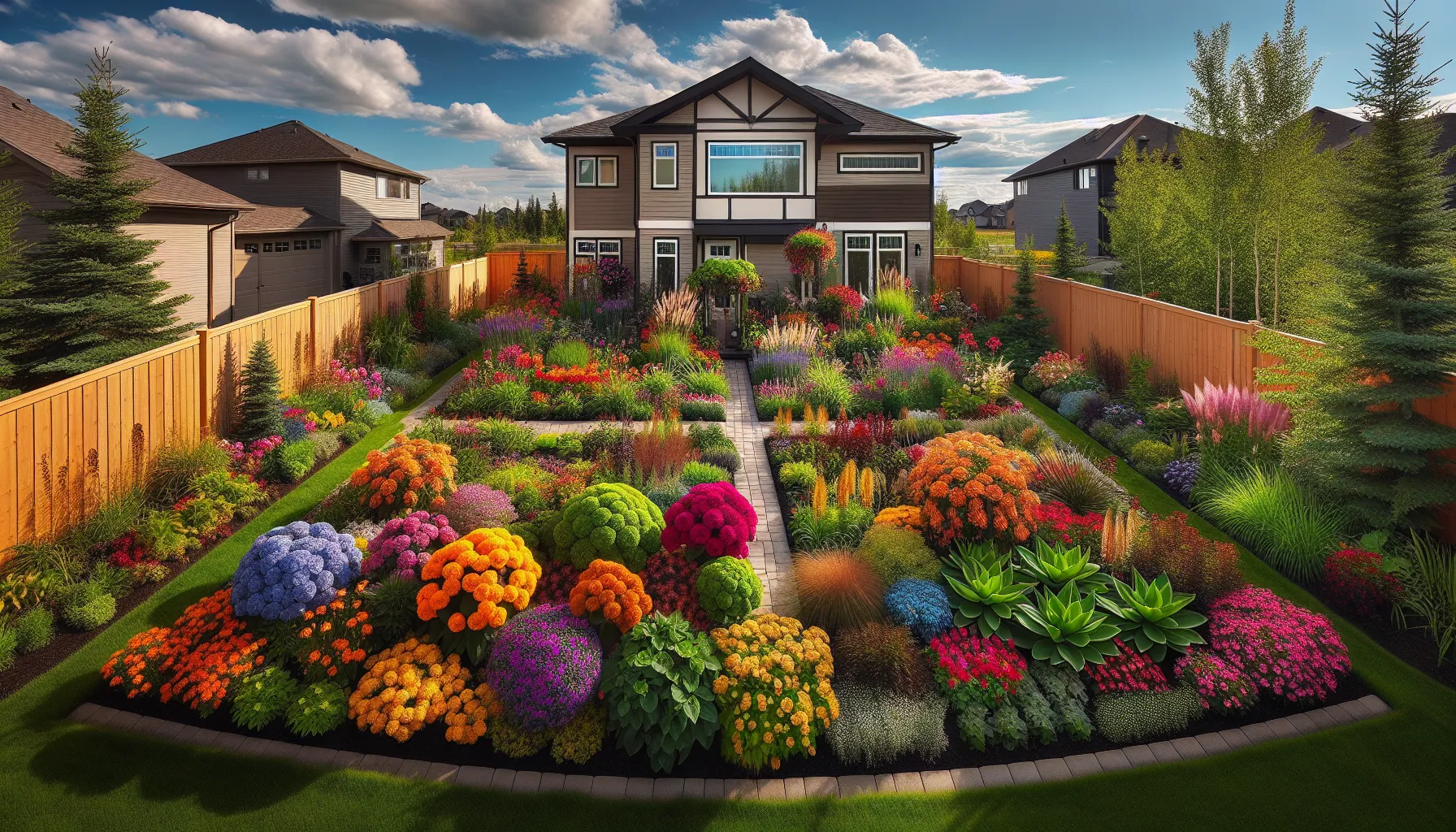 A garden with blooming annuals and dormant perennials.