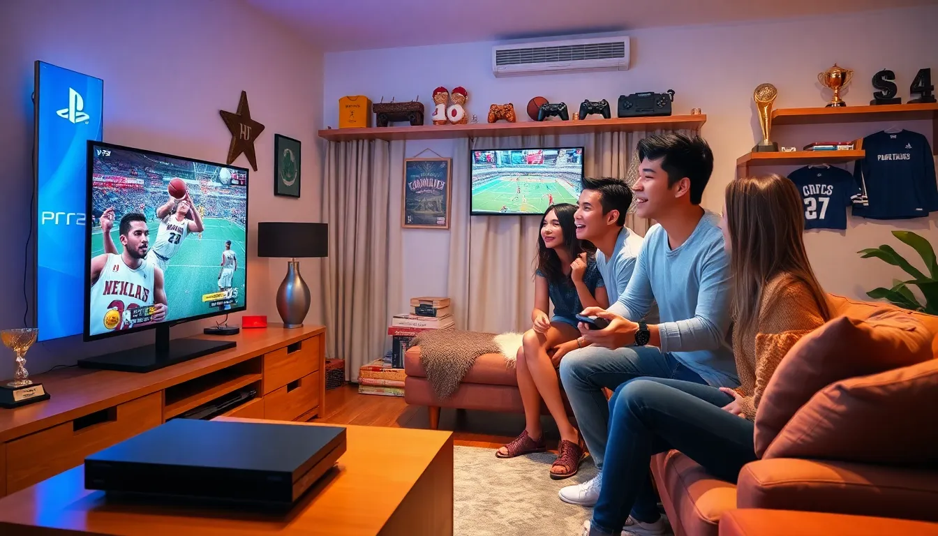 friends playing PS2 sports games in a modern living room.