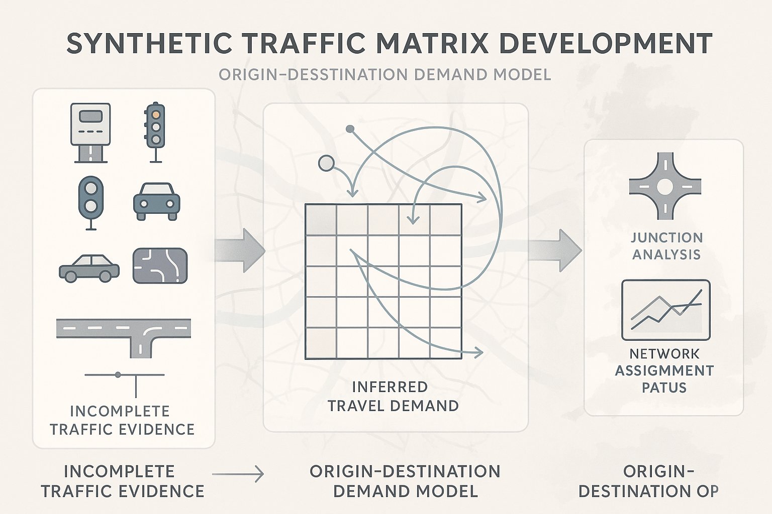Infographic of observed traffic data becoming a synthetic origin-destination traffic matrix.