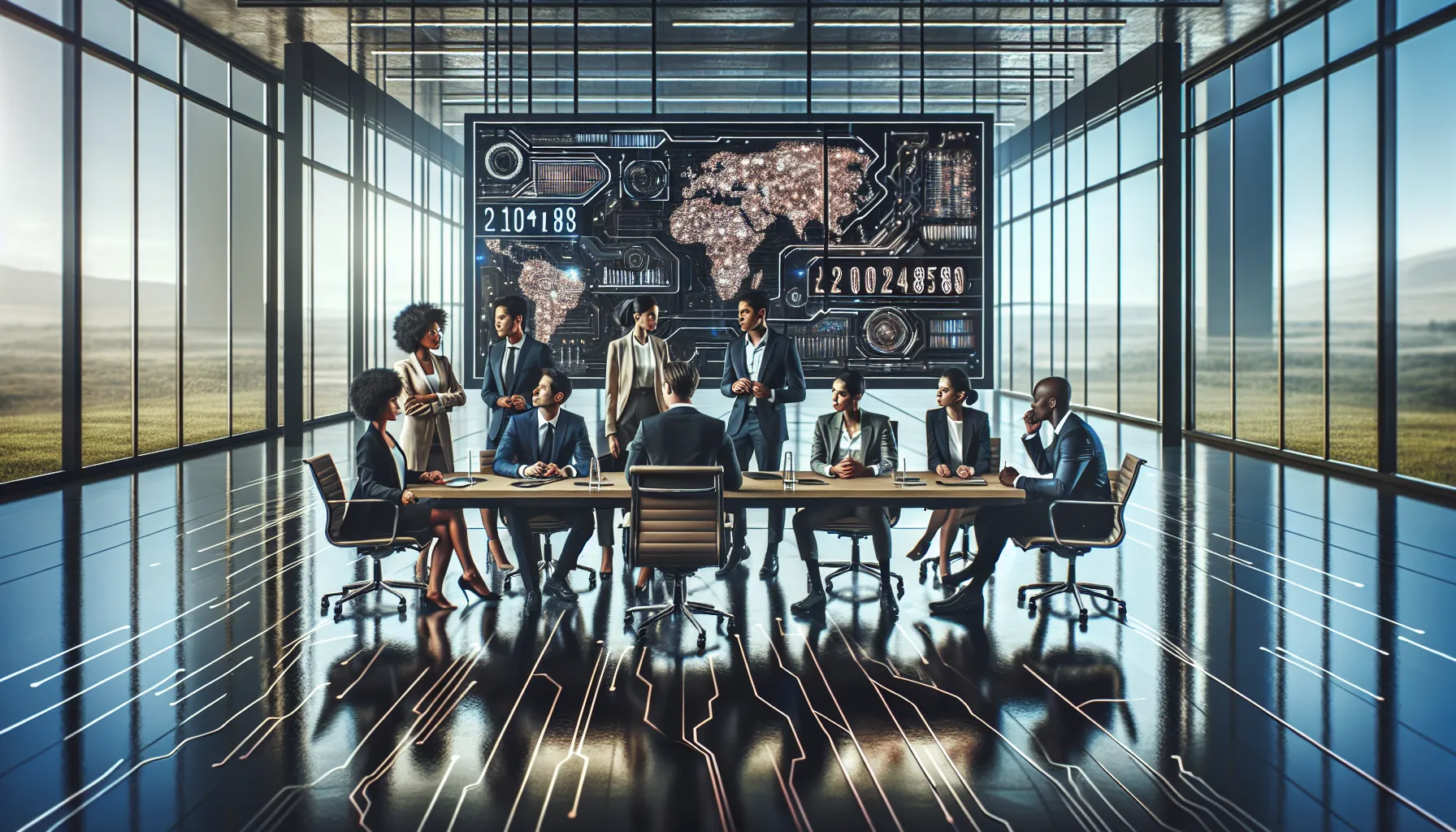 diverse team collaborating in a modern office setting with digital data displays.