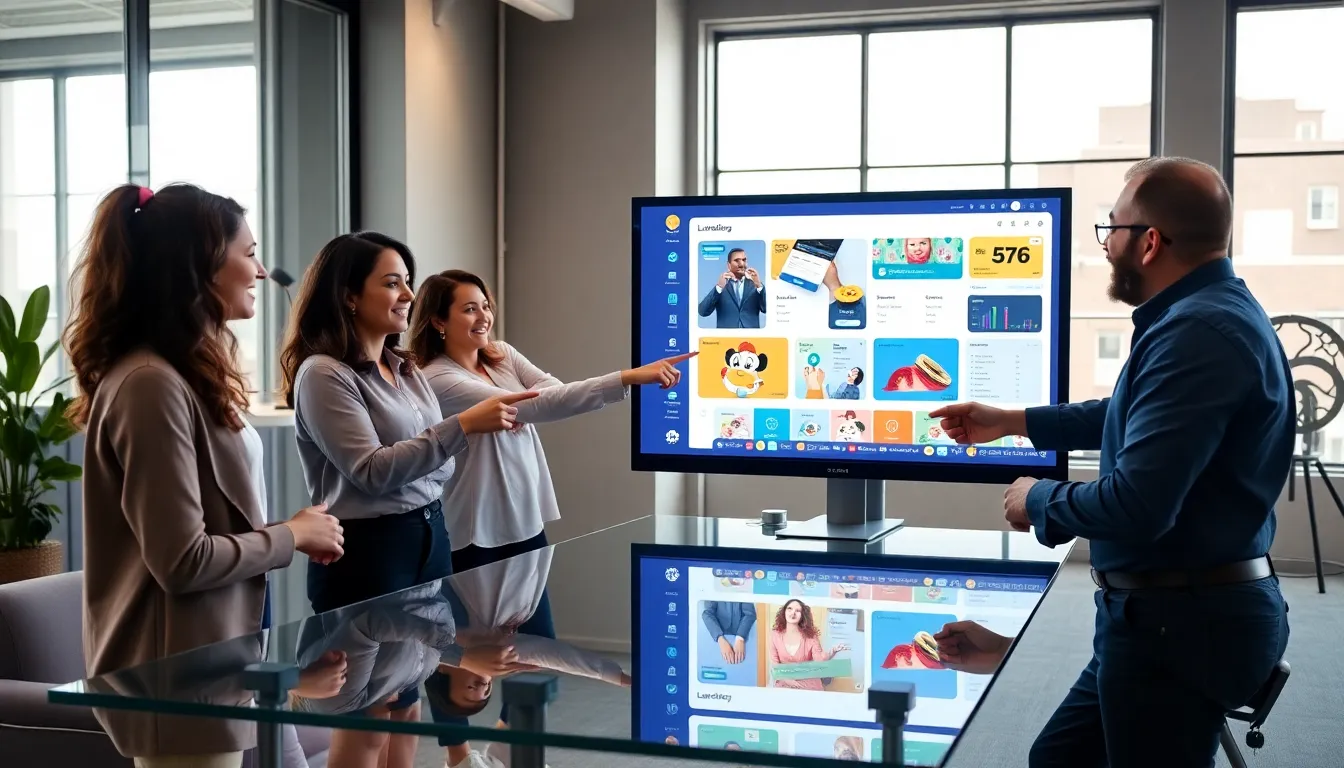 diverse team collaborating over a digital platform in a modern office.