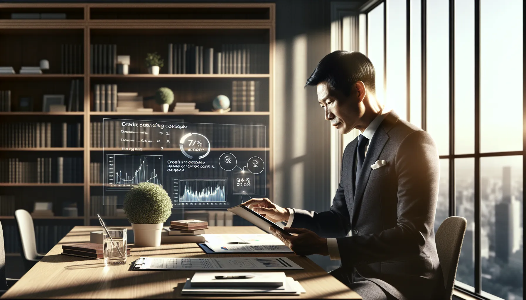 A professional explaining credit concepts in an organized office setting.