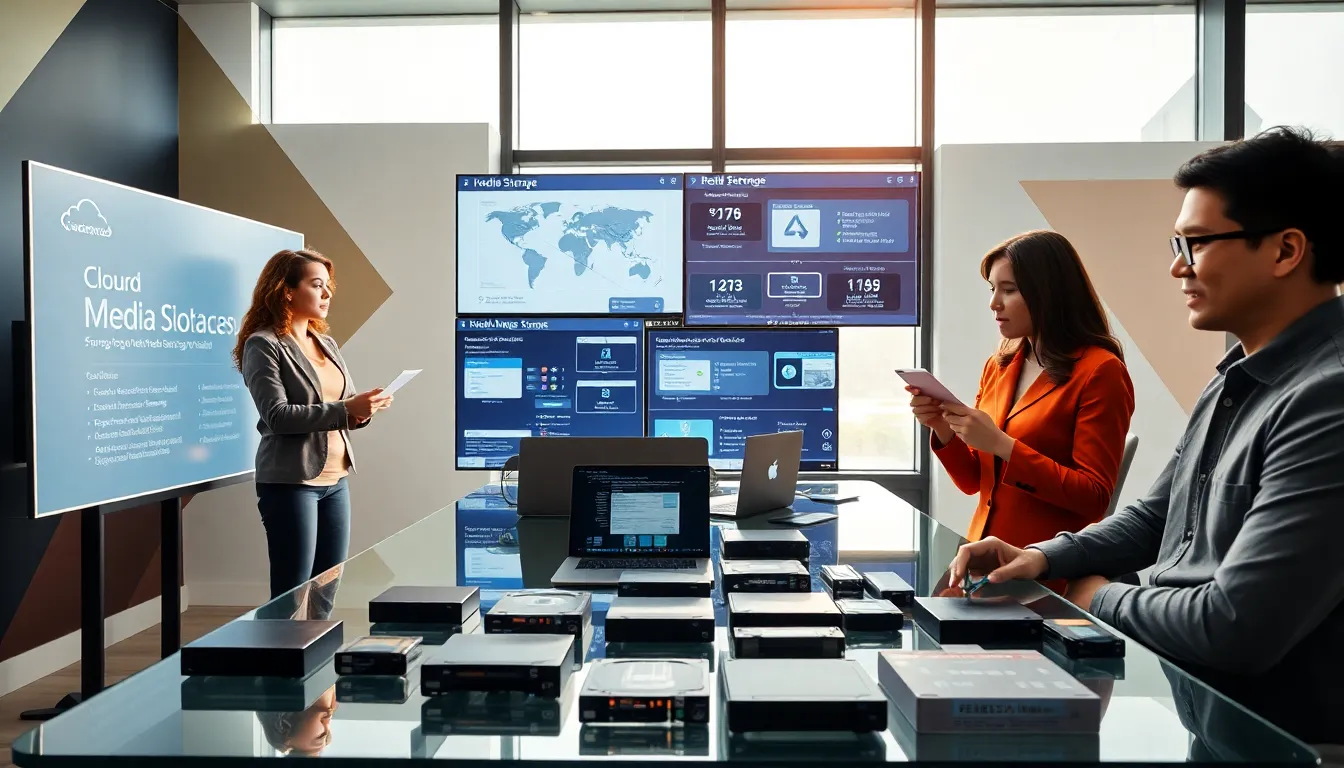 diverse team discussing broadcast media storage solutions in a modern office.