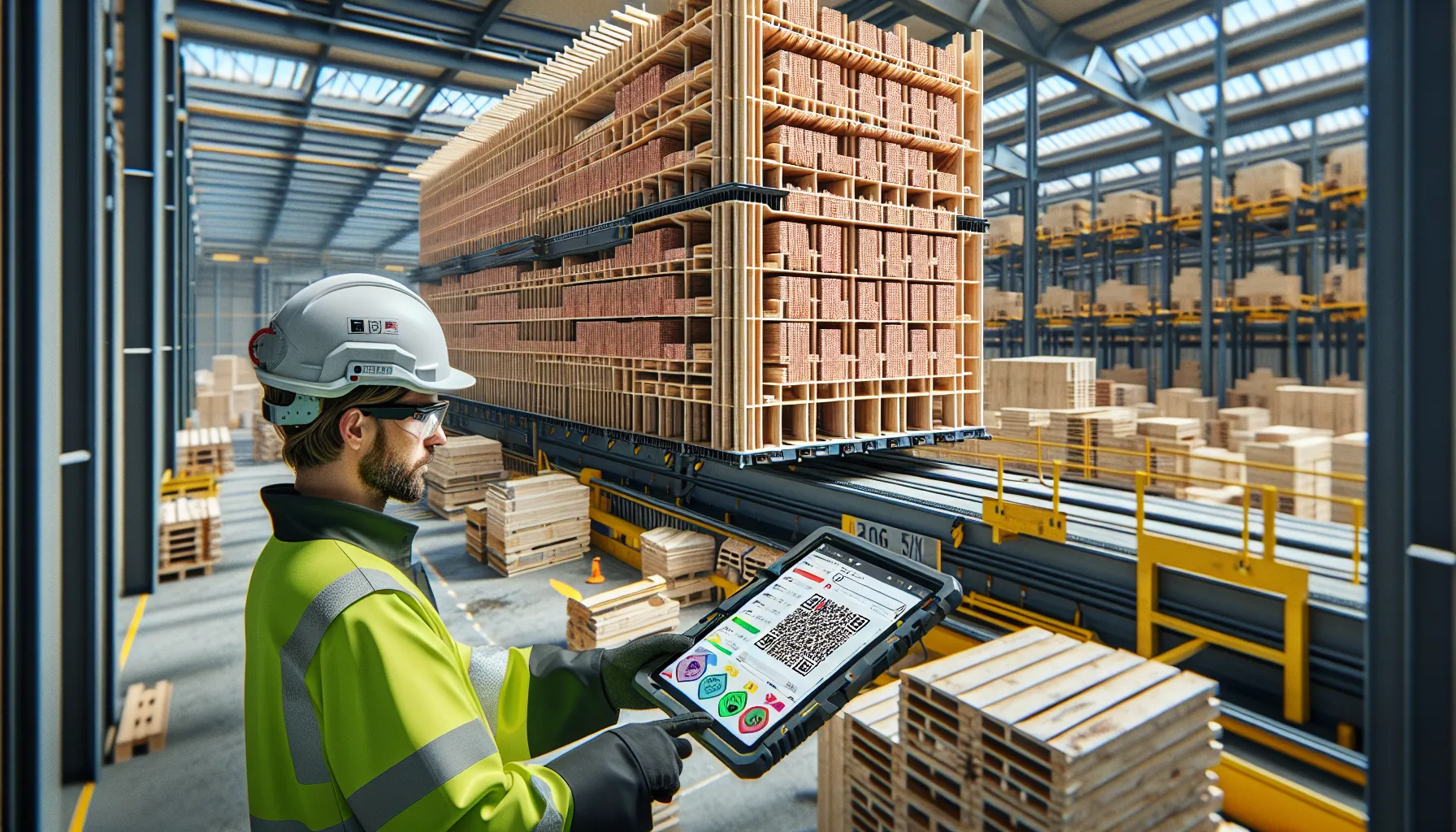 Engineer reviews low-carbon prefab wall module with traceability tags in norway.
