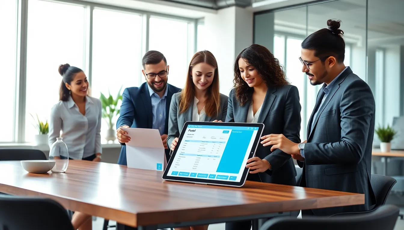 professionals discussing electronic proof of delivery software in a modern office.