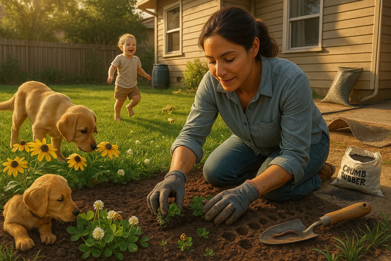 Homeowner planting clover lawn, puppy and child near rolled-up synthetic turf.