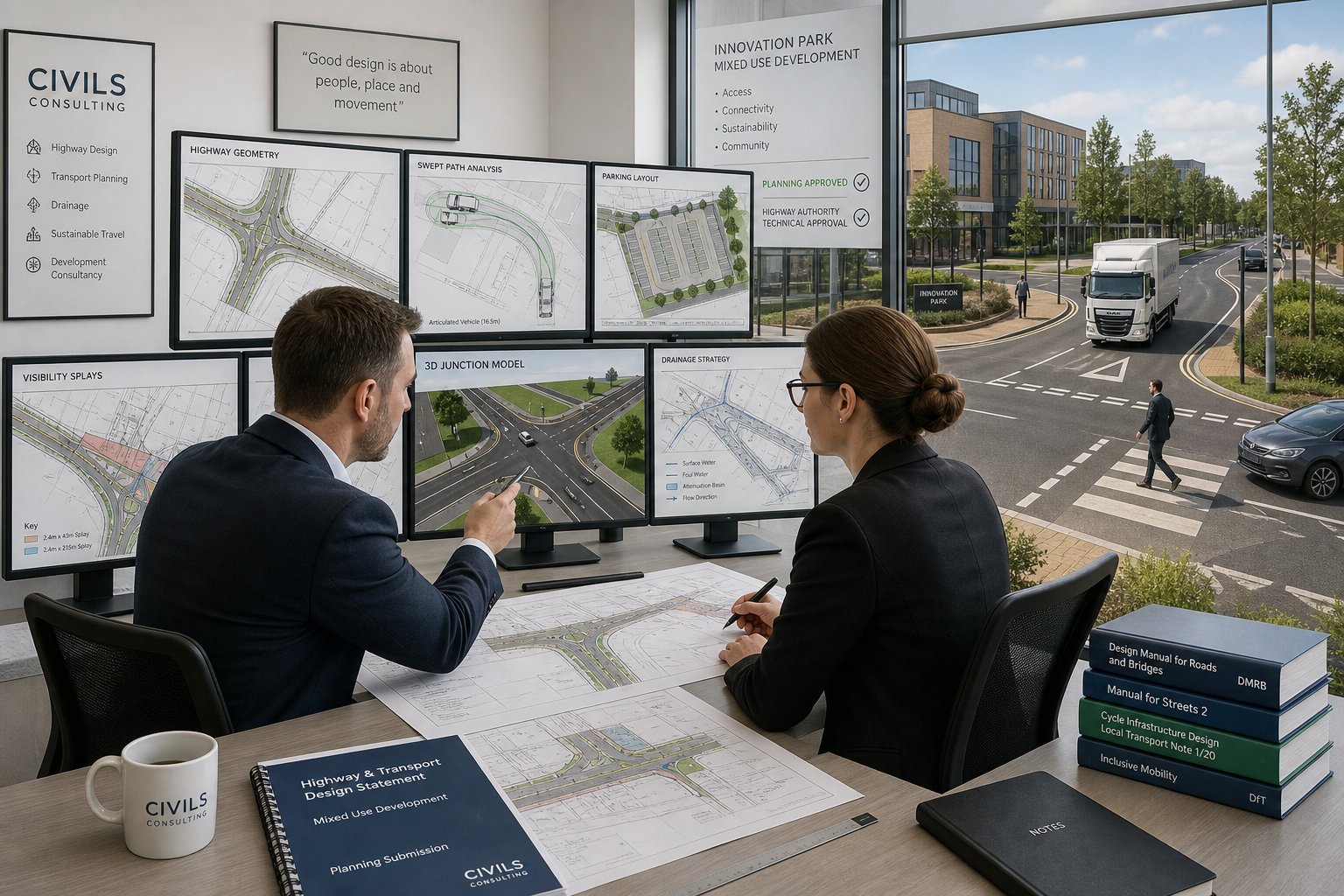 UK highway design consultants reviewing road plans in a modern office.
