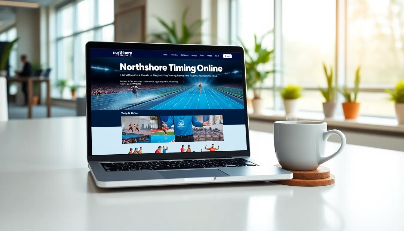 laptop displaying NorthshoreTimingOnline in a modern office setting.