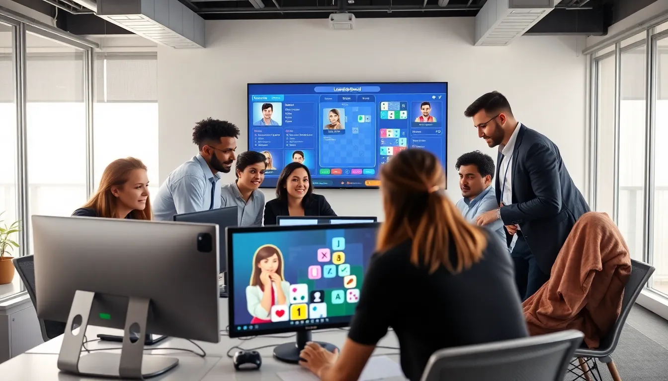 diverse game developers creating a Ludo game application in a modern office.