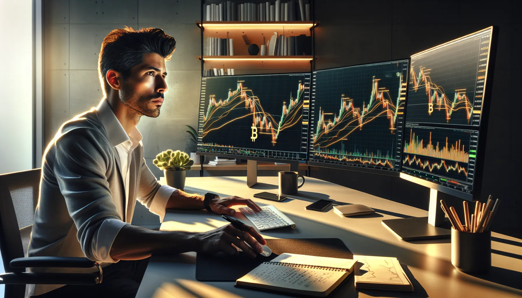 Bitcoin Price Analysis: What You Need to Know 2 Trader analyzing Bitcoin price charts on multiple computer monitors in home office.