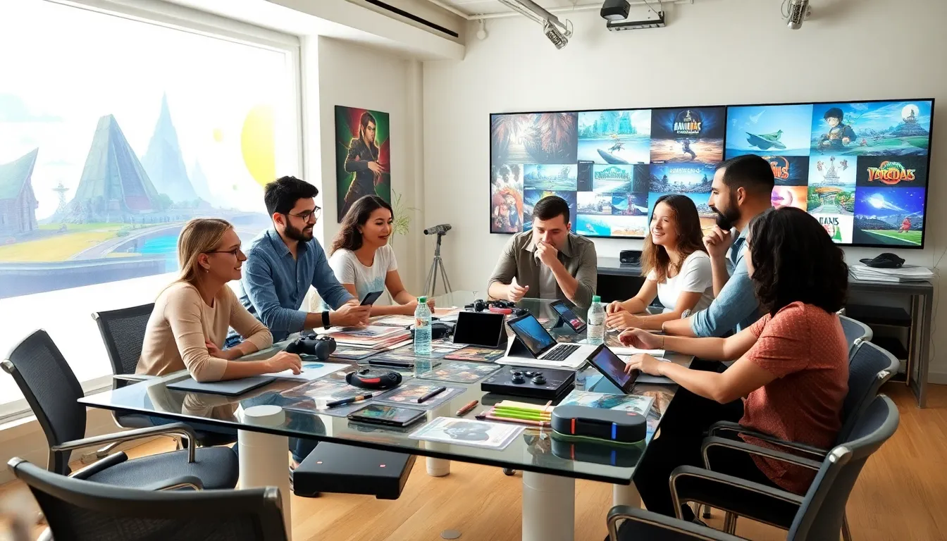 diverse team brainstorming game concepts in a modern office.