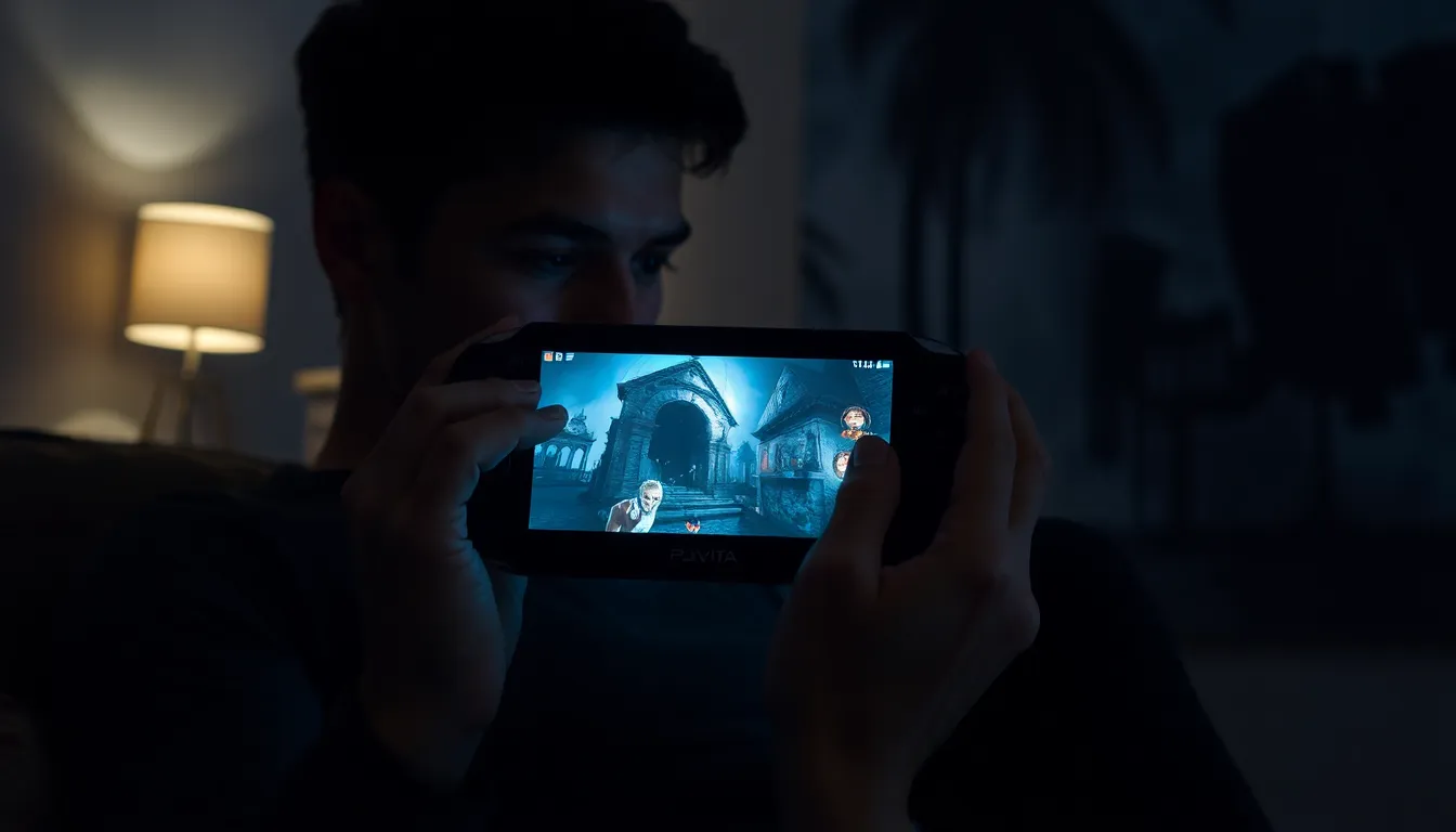 gamer immersed in horror game on a PS Vita in a cozy setting.