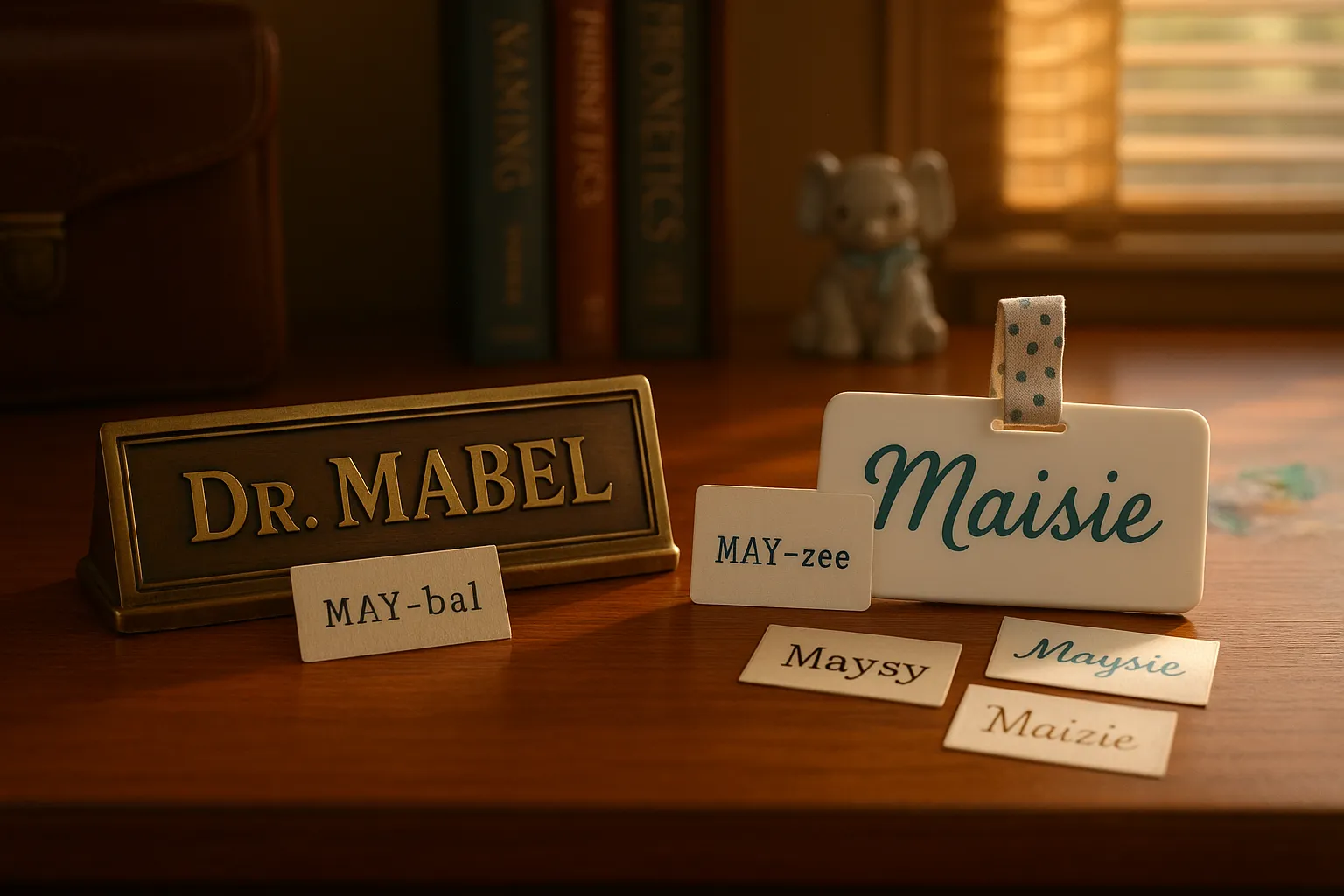 Two contrasting name signs—antique “Dr. Mabel” plaque and playful “Maisie” name badge.