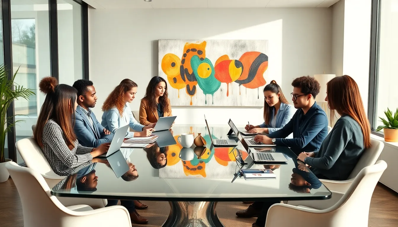 diverse team discussing pop culture in a modern office.