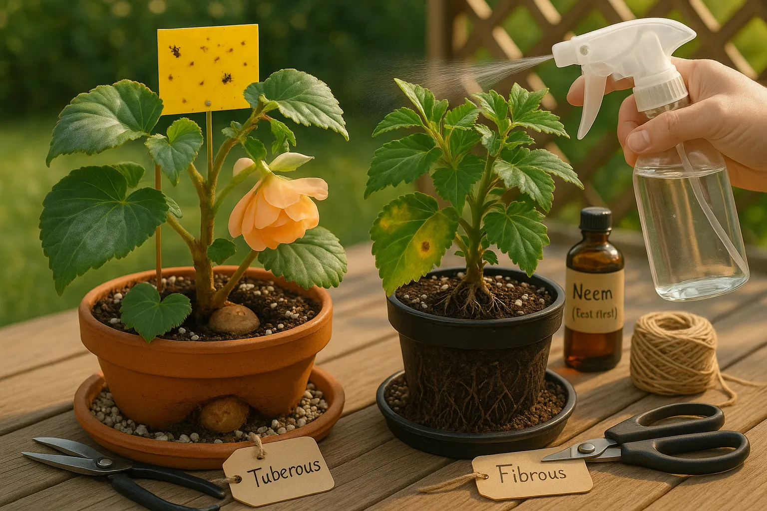 Two potted begonias side-by-side showing pests and prevention measures.