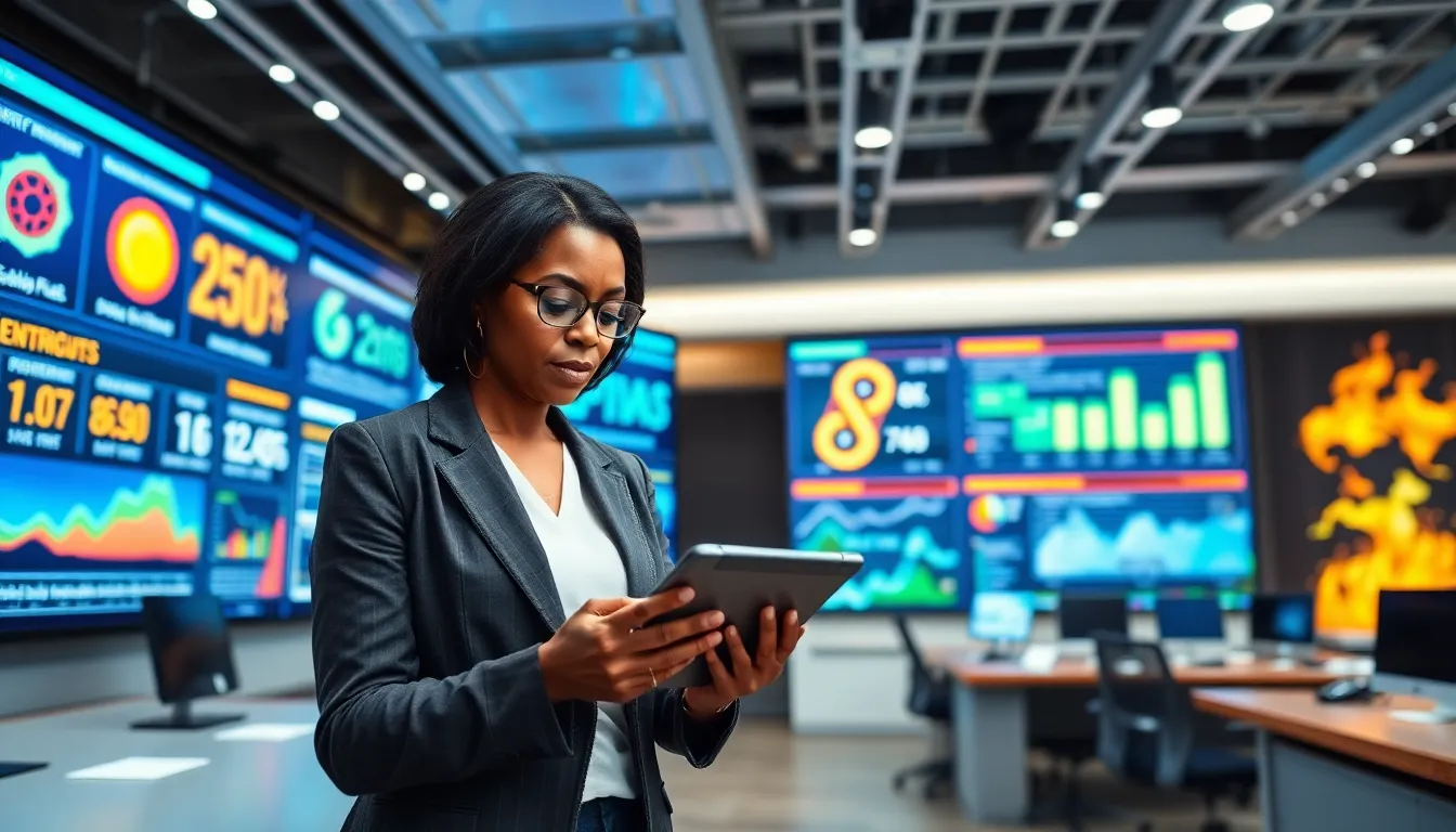 A woman analyzing energy data in a high-tech newsroom.
