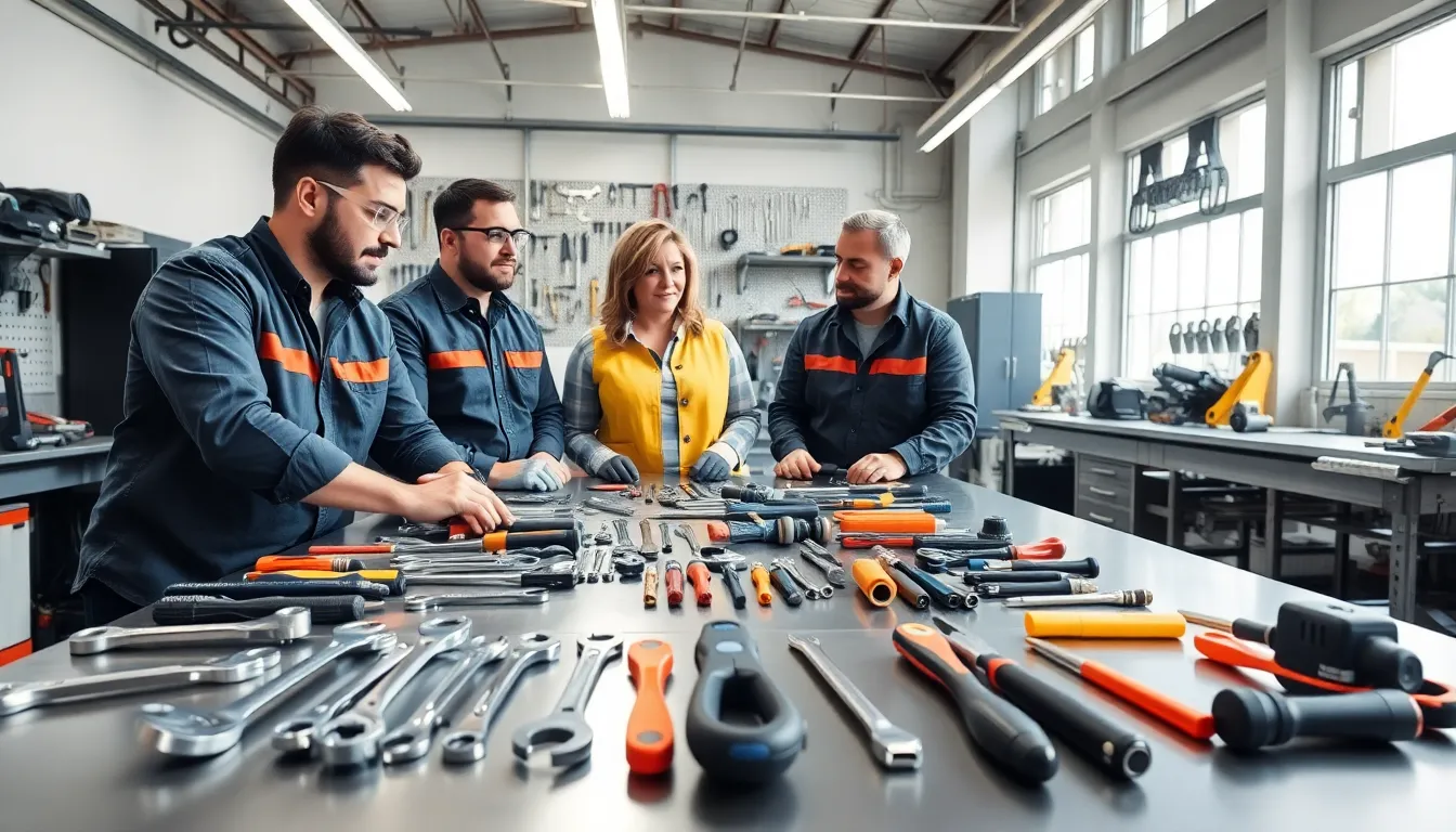 three professionals collaborating around hand tools in a modern workshop.
