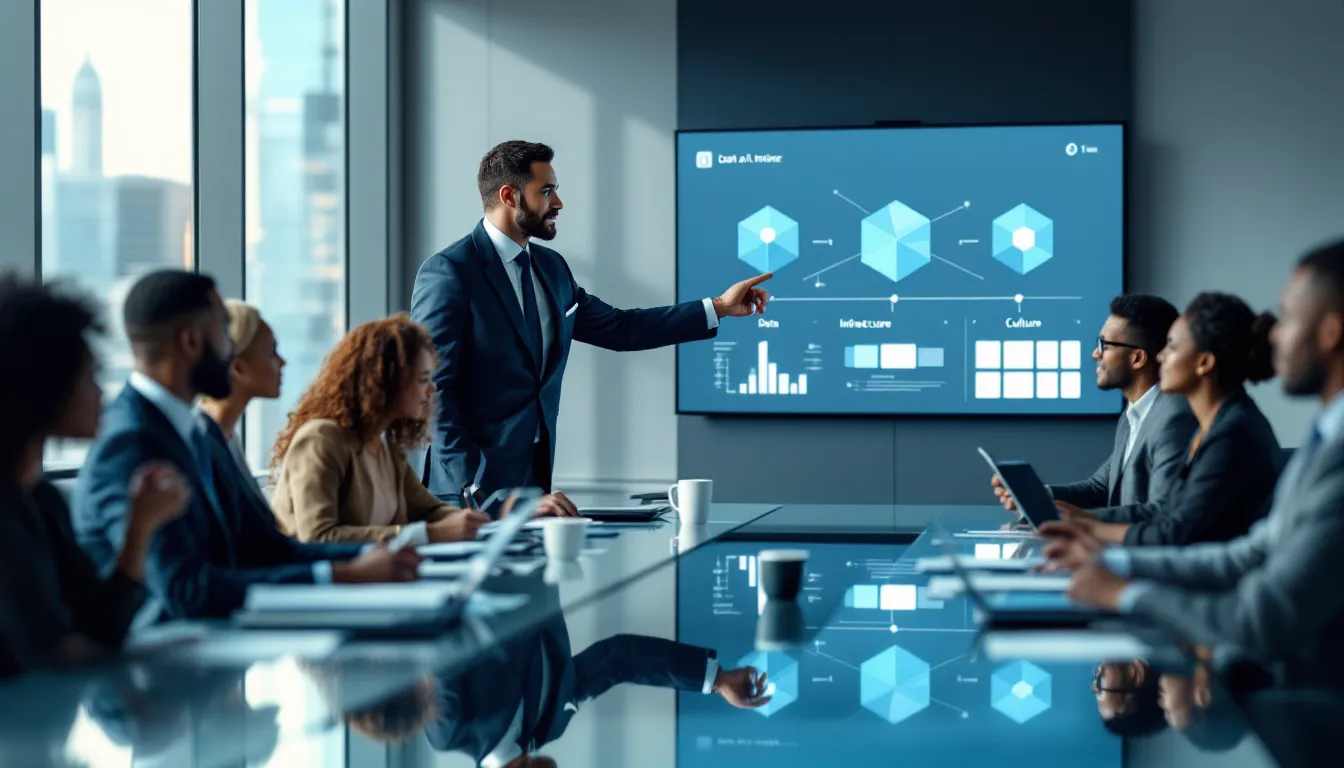 Diverse professionals collaborating around conference table with AI strategy dashboard display.