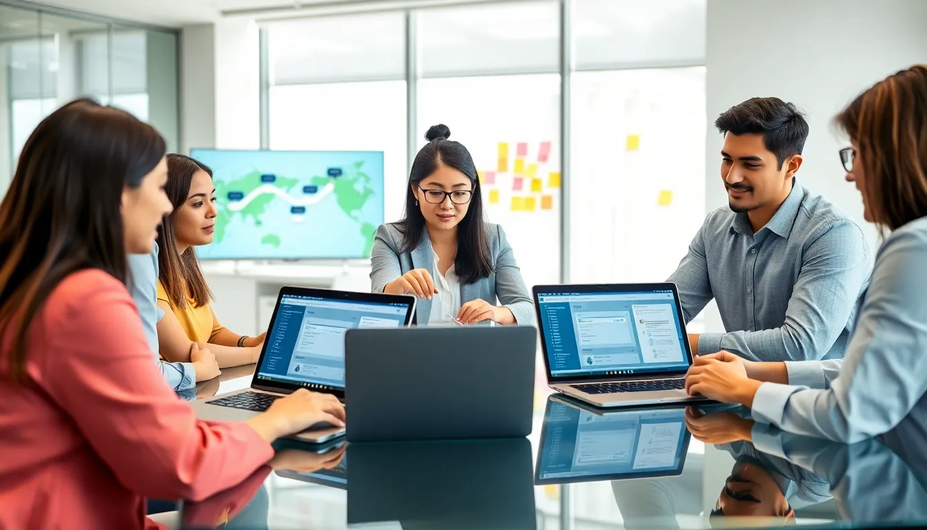 diverse team collaborating on low code automation tools in a modern office.