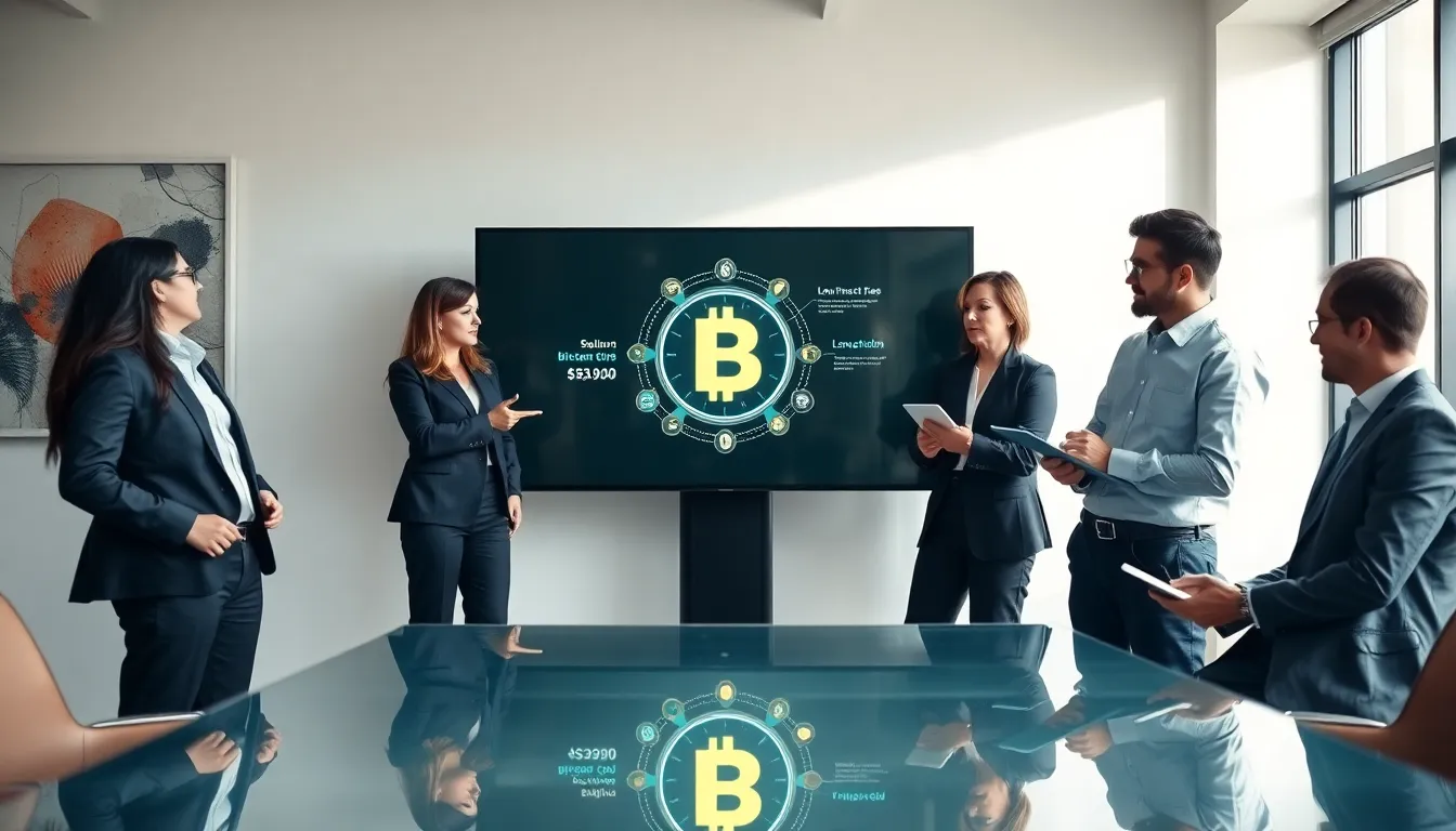 diverse team discussing Bitclassic Coin in a modern office.