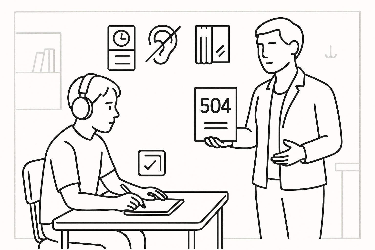 Student with headphones at a desk and teacher holding a 504 plan document. - What Is A 504 Plan For Autism A Practical Guide For Parents And Educators In 2026