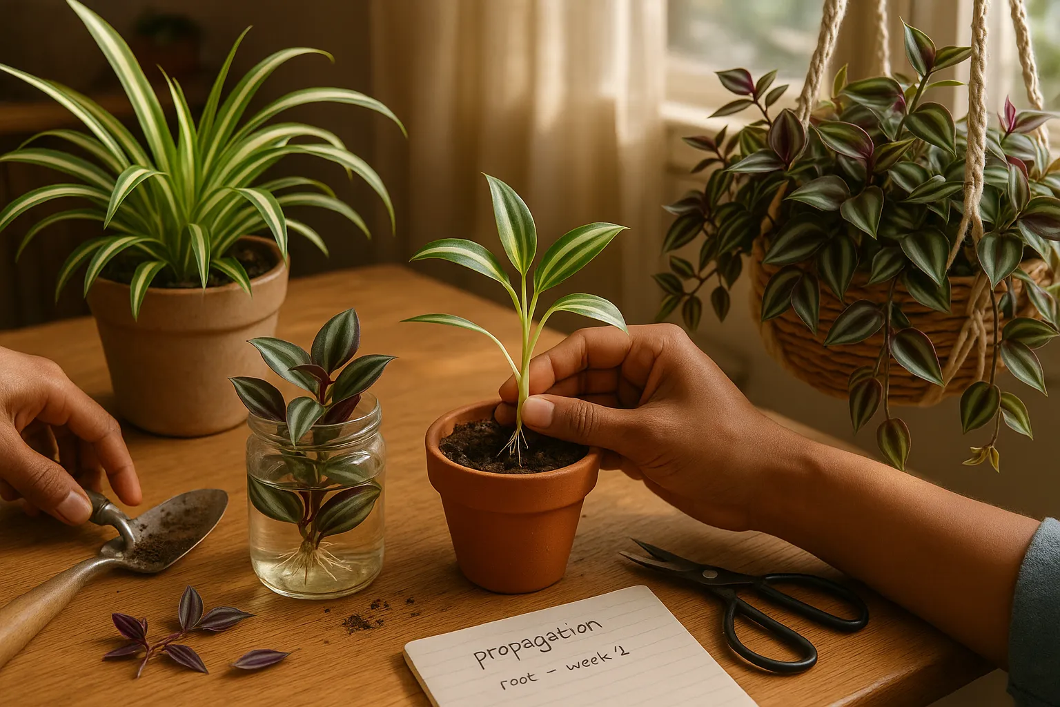 Hands potting a spider plantlet beside Tradescantia cuttings rooting in water.