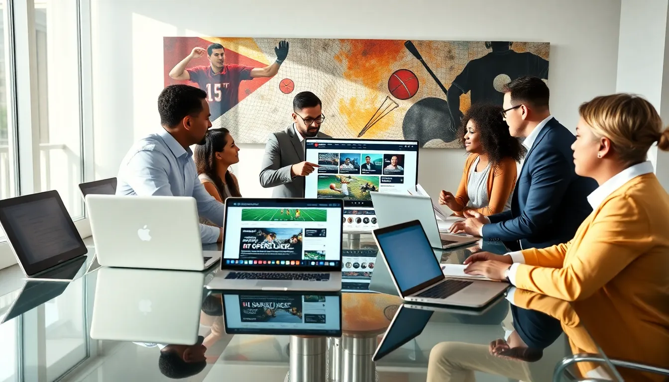 diverse team discussing sports news in a modern office setting.