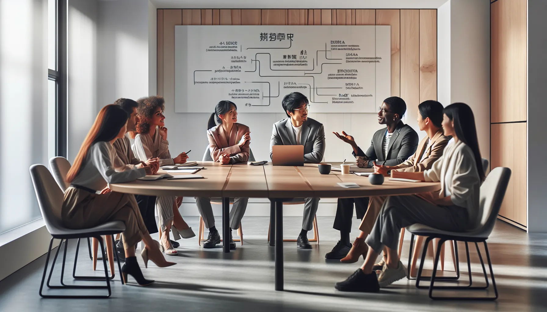 diverse team discussing translation in a modern office.