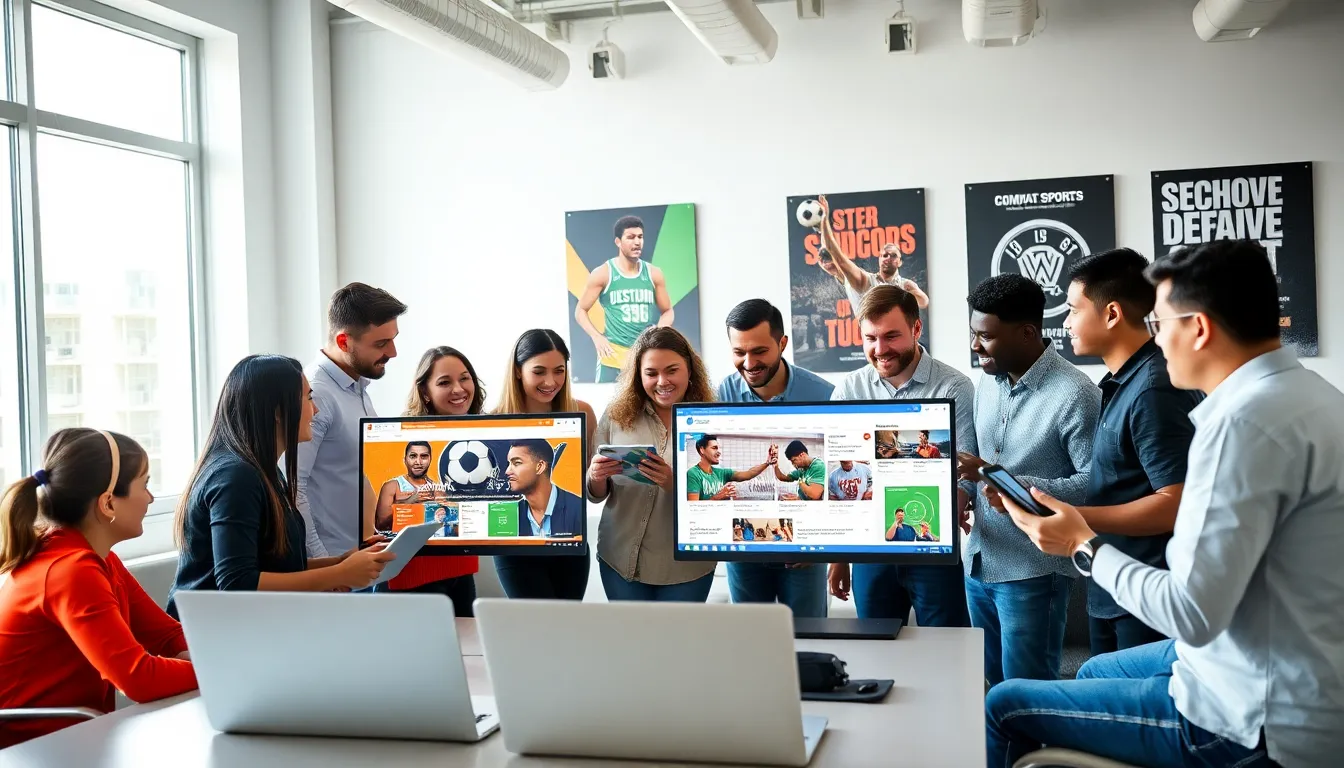 diverse sports fans discussing updates in a modern workspace.
