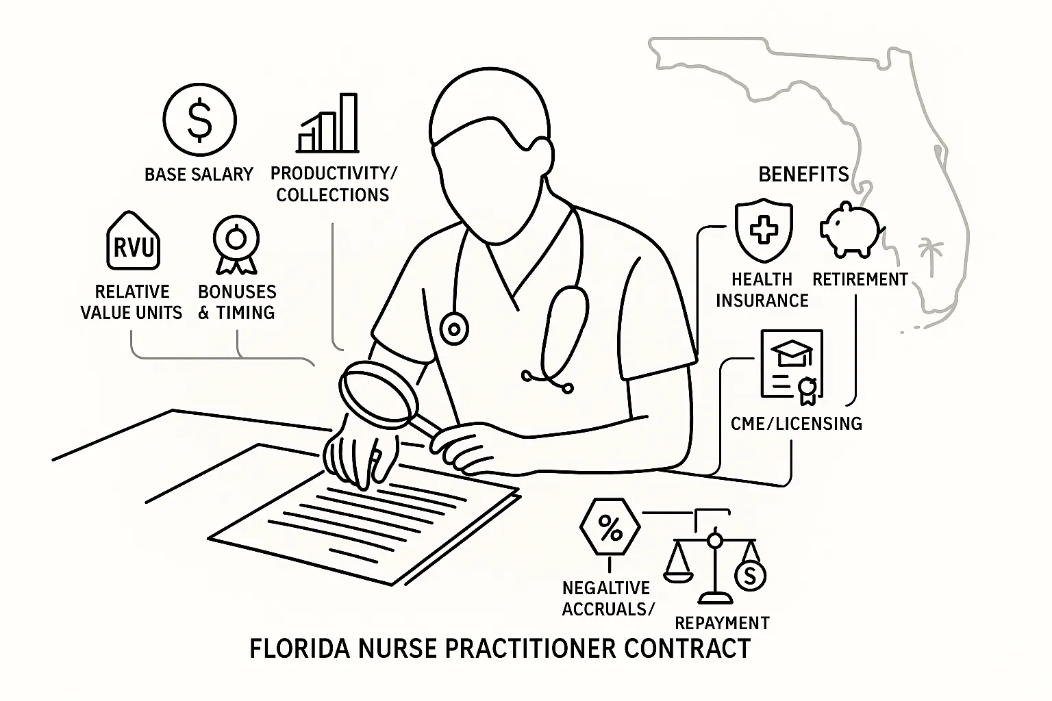 Nurse practitioner reviewing a contract with compensation and benefits icons.