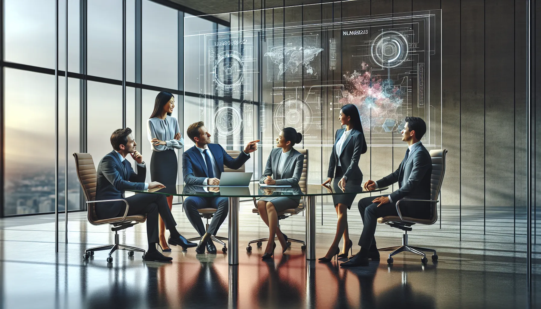 diverse professionals discussing technology in a modern office.