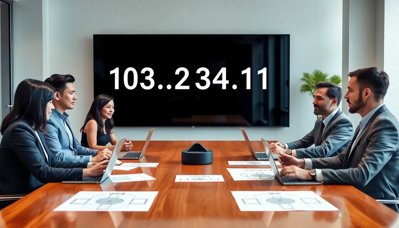 diverse team discussing IP addresses in a modern office.