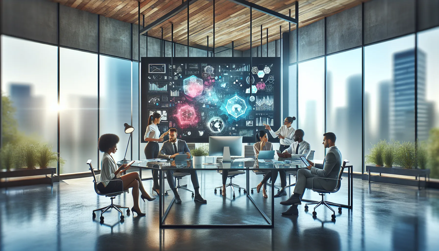 diverse team discussing Сфь4юсщь applications in a modern office.