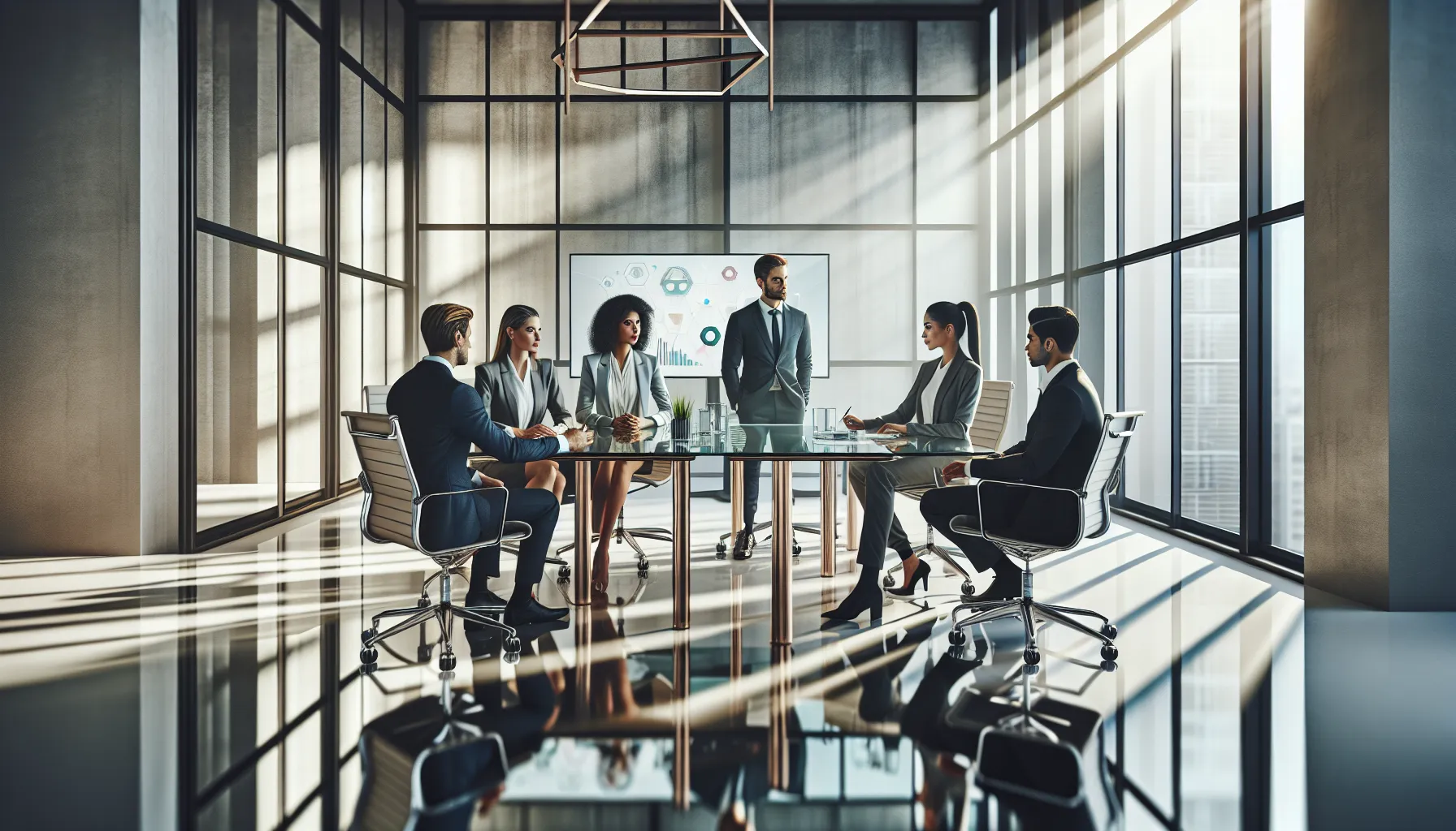 diverse professionals in a modern office discussing innovative concepts.