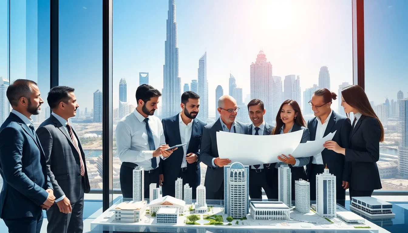 professionals discussing Dubai real estate investment in a modern setting.