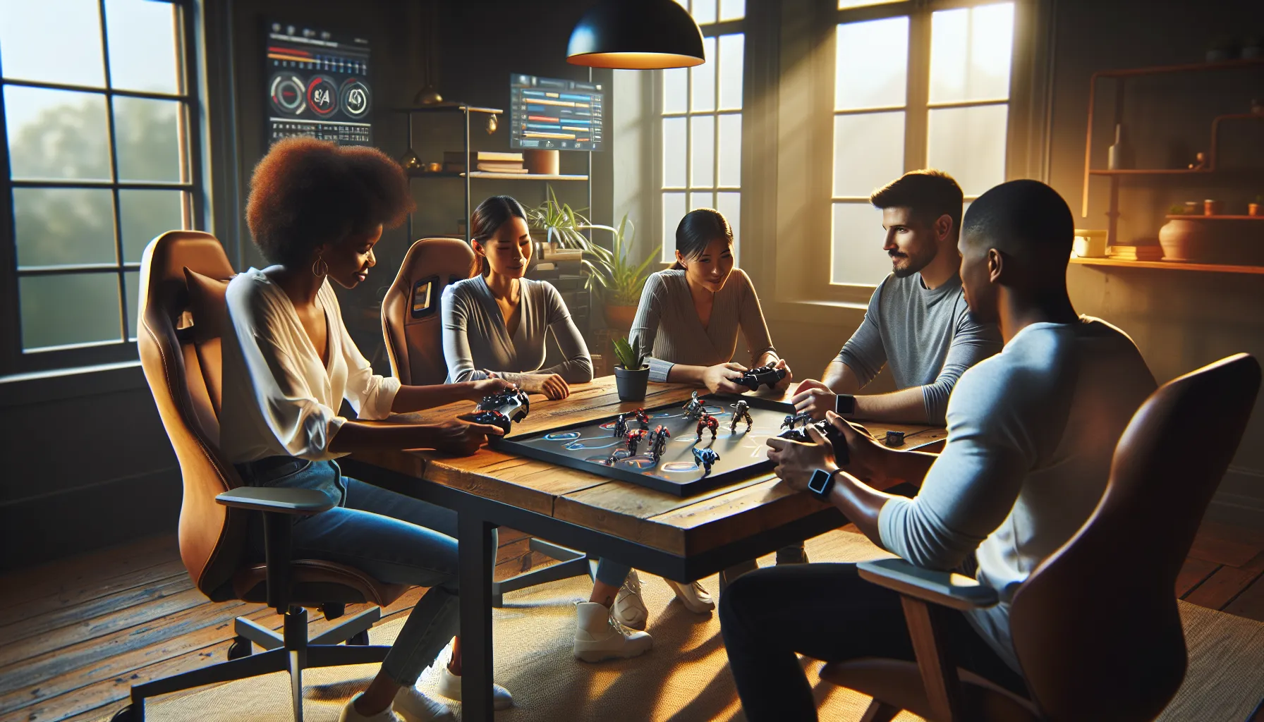 diverse group of friends gaming together in a modern home setting.